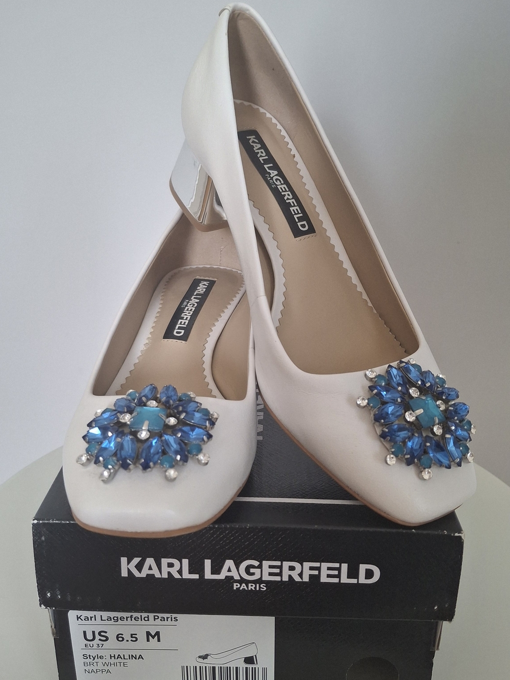 Karl Lagerfeld Paris Halina Jeweled Block Heel Pumps White & Blue US 6.5 M